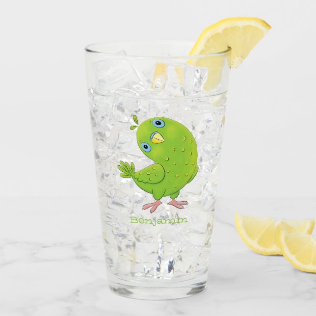 Cute green curious parakeet cartoon illustration glass (Back Ice)