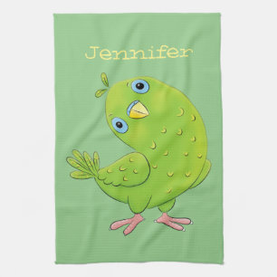 Cute green curious parakeet cartoon illustration kitchen towel