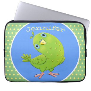 Cute green curious parakeet cartoon illustration laptop sleeve