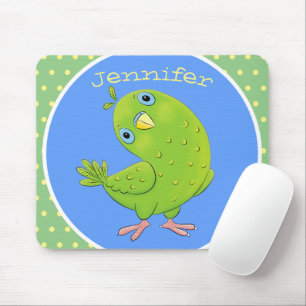 Cute green curious parakeet cartoon illustration mouse pad