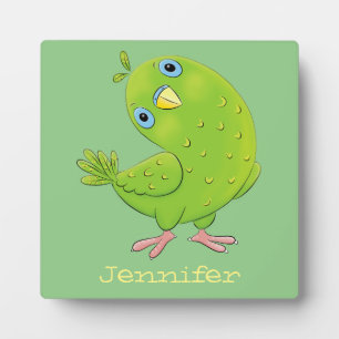 Cute green curious parakeet cartoon illustration plaque