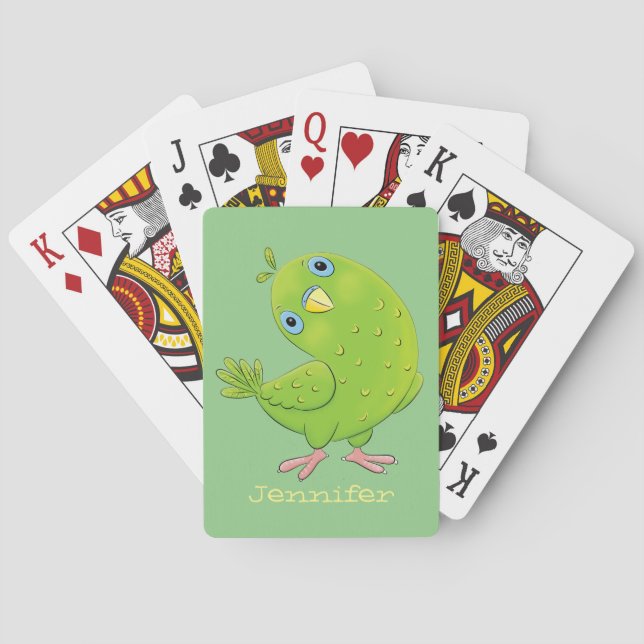 Cute green curious parakeet cartoon illustration playing cards (Back)