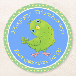 Cute green curious parakeet cartoon illustration round paper coaster