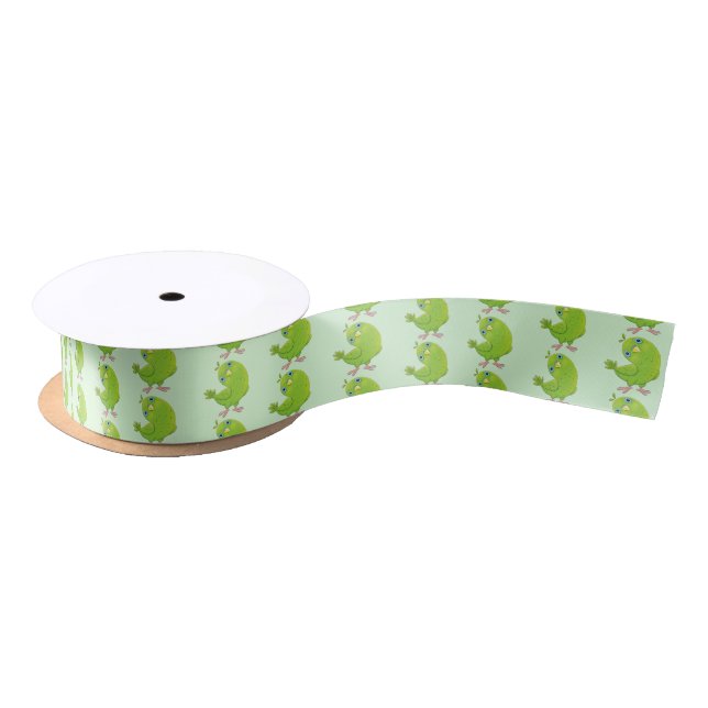 Cute green curious parakeet cartoon illustration satin ribbon (Spool)