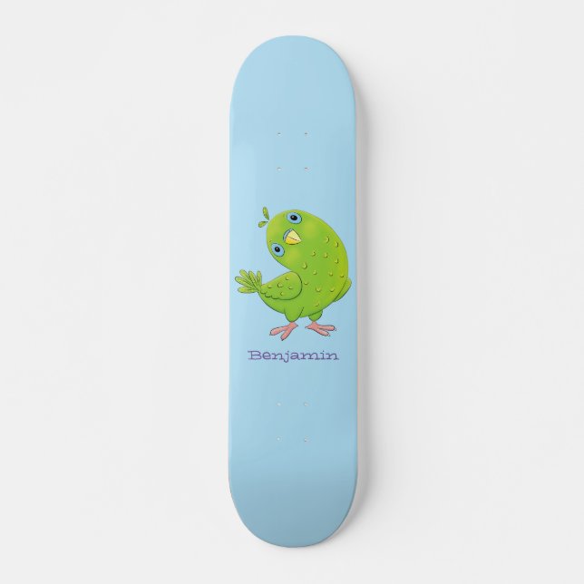 Cute green curious parakeet cartoon illustration skateboard (Front)