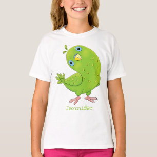 Cute green curious parakeet cartoon illustration T-Shirt