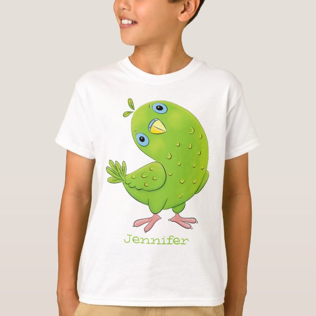 Cute green curious parakeet cartoon illustration T-Shirt (Front)