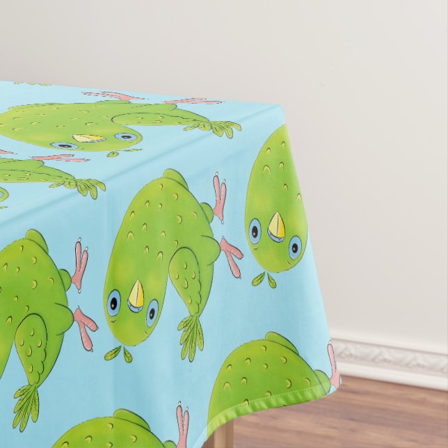 Cute green curious parakeet cartoon illustration tablecloth (In Situ)