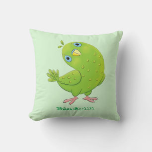 Cute green curious parakeet cartoon illustration throw pillow