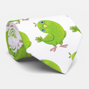 Cute green curious parakeet cartoon illustration tie