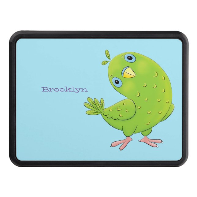 Cute green curious parakeet cartoon illustration trailer hitch cover (Front)