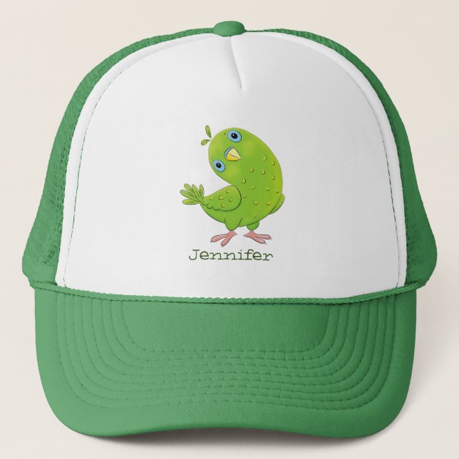 Cute green curious parakeet cartoon illustration trucker hat (Front)