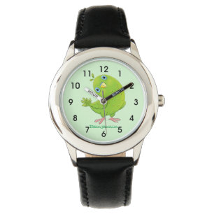 Cute green curious parakeet cartoon illustration watch