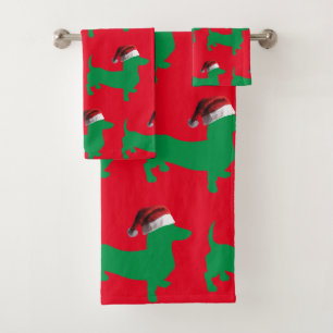 Cute Green Dachsund WeARING A sANTA cLAUS hAT Bath Towel Set