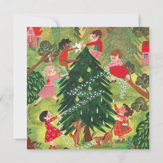 Cute green decorated Christmas tree children Holid Holiday Card (Front)