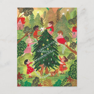Cute green decorated Christmas tree children Holid Holiday Postcard