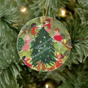 Cute green decorated Christmas tree children photo Ceramic Ornament