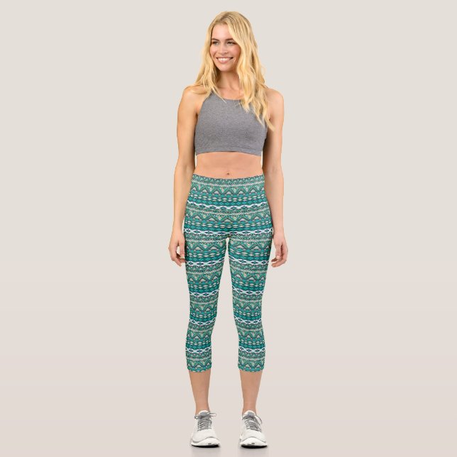 Cute green design aztec patterns design capri leggings (Front)