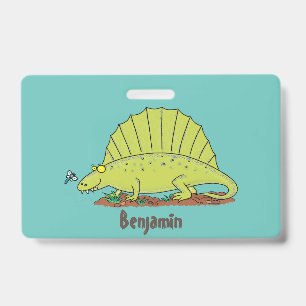 Cute green dimetrodon cartoon illustration badge