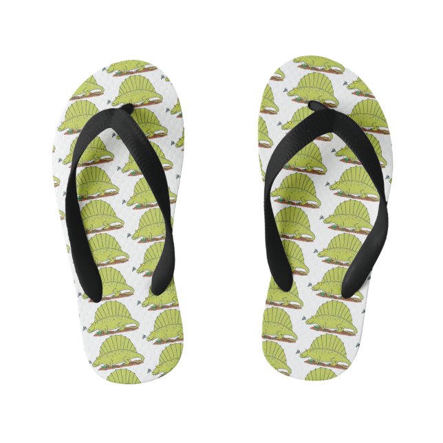 Cute green dimetrodon cartoon illustration kid's flip flops (Footbed)