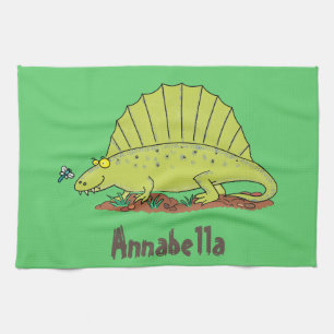 Cute green dimetrodon cartoon illustration kitchen towel