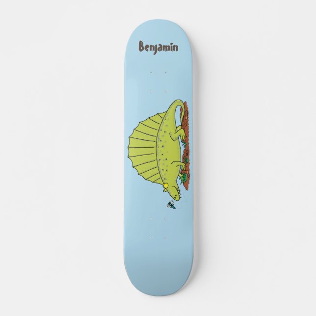 Cute green dimetrodon cartoon illustration skateboard (Front)