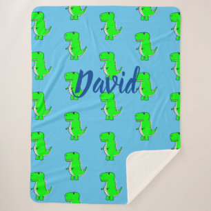 Cute Green Dino T-Rex On Blue Sherpa Blanket