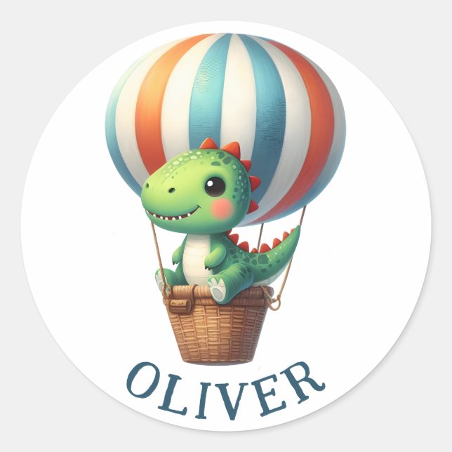 Cute Green Dino Takes Flight in a Hot Air Balloon Classic Round Sticker (Front)
