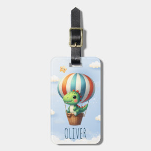 Cute Green Dino Takes Flight in a Hot Air Balloon Luggage Tag