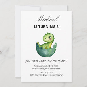 Cute Green Dinosaur 2nd Birthday Party  Invitation