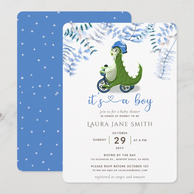 Cute Green Dinosaur Blue Trike Boy Baby Shower Invitation (Front/Back)