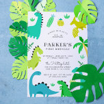 Cute Green Dinosaur Boy Birthday Party Invitation<br><div class="desc">Stomp,  chomp and roar! What's better than a dinosaur? These cute invitations feature your party details in modern typography framed by dinosaurs,  leaves,  cactus plants and palm trees. These cards reverse to a matching dinosaur pattern. Edit the text in the template boxes to customize.</div>