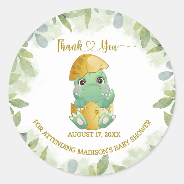 Cute Green Dinosaur Boys Baby Shower  Classic Round Sticker (Front)