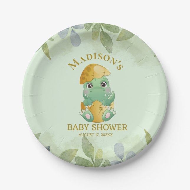 Cute Green Dinosaur Boys Baby Shower  Paper Plate (Front)