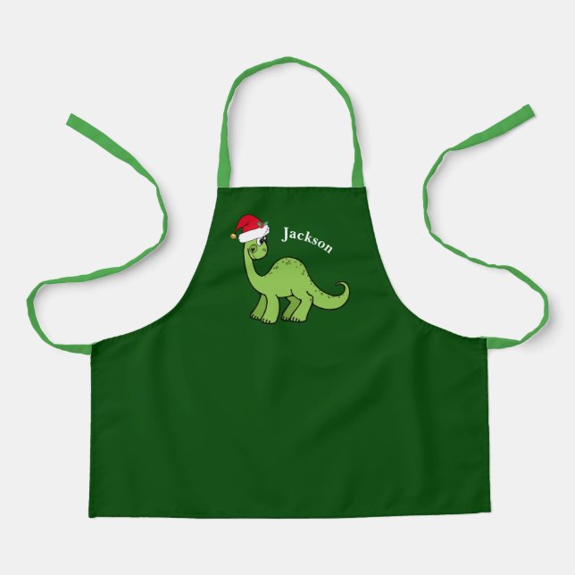 Cute Green Dinosaur Christmas Monogram Kids Apron (Front)