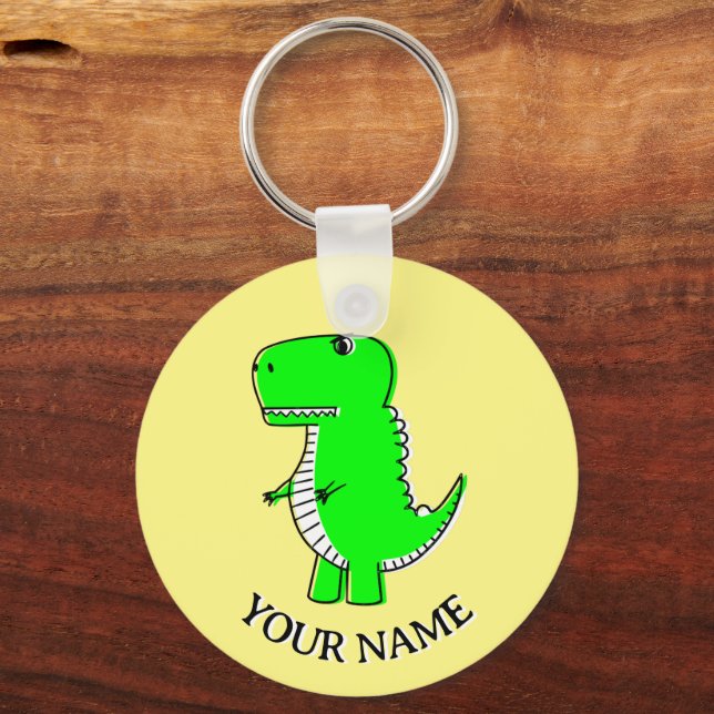 Cute Green Dinosaur Drawing Custom Text Keychain (Back)