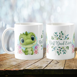 Cute Green Dinosaur Floral Best Dad Ever Coffee Mug