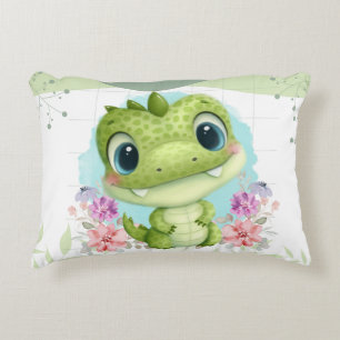 Cute Green Dinosaur Floral Themed Personalized Accent Pillow