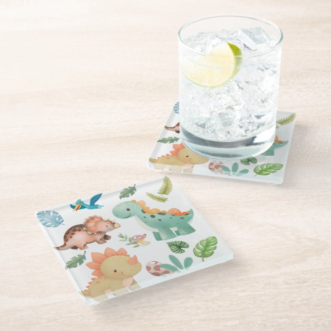 Cute green dinosaur glass coaster (Angled)