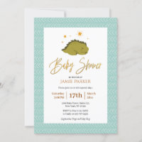 Cute Green Dinosaur Gold Script Baby Shower