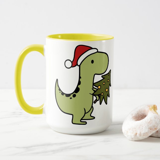 Cute green Dinosaur holding Christmas tree Mug (With Donut)
