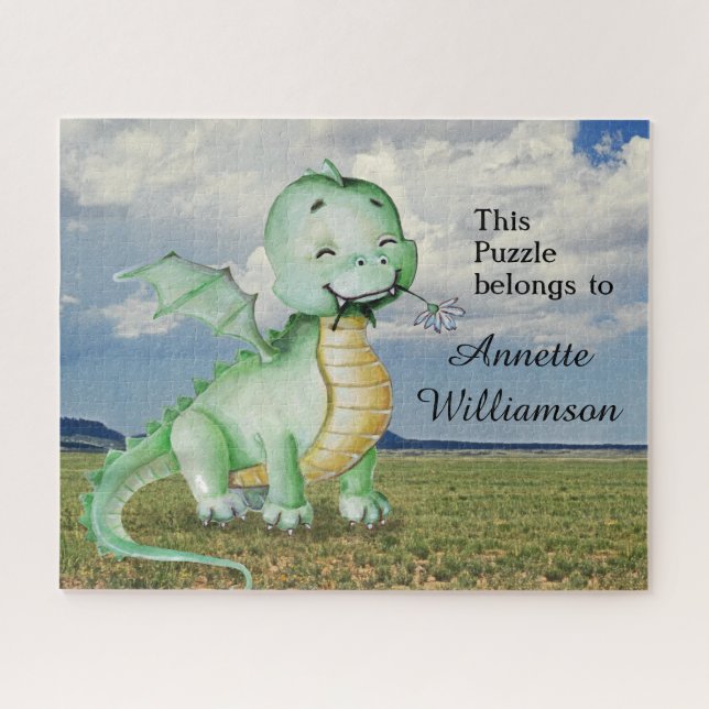 Cute Green Dinosaur personalize with Name Jigsaw Puzzle (Horizontal)