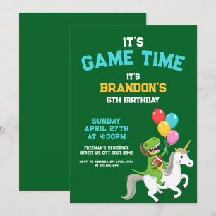 Cute Green Dinosaur Unicorn Football Kids Birthday Invitation
