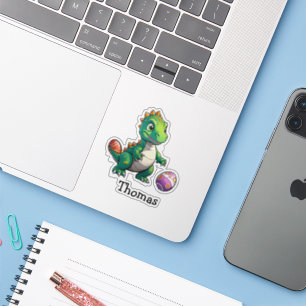 Cute green dinosaur with Easter eggs