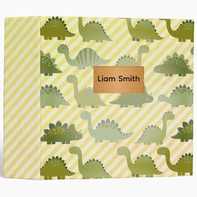 Cute Green Dinosaurs on Stripes Binder (Front/Spine)