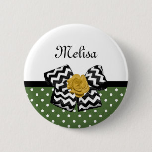 Cute Green Dots Yellow Rose Chevron Bow and Name 2 Inch Round Button