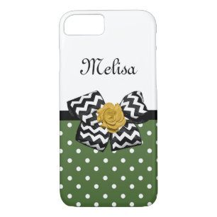 Cute Green Dots Yellow Rose Chevron Bow and Name Case-Mate iPhone Case