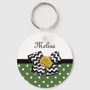 Cute Green Dots Yellow Rose Chevron Bow and Name Keychain