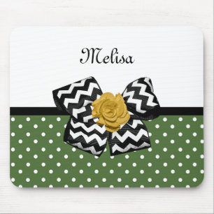 Cute Green Dots Yellow Rose Chevron Bow and Name Mouse Pad