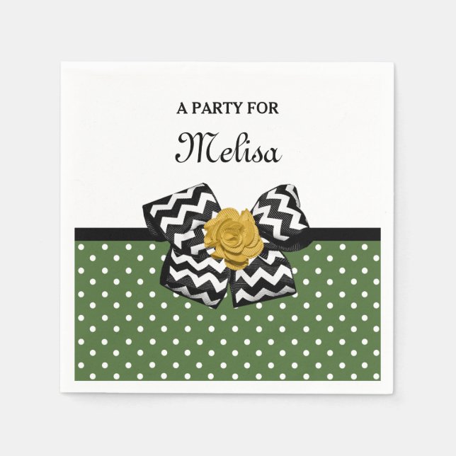 Cute Green Dots Yellow Rose Chevron Bow and Name Napkin (Front)